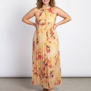 INC, Yellow Halter Maxi Dress with Florals, Size 2X (NWT)